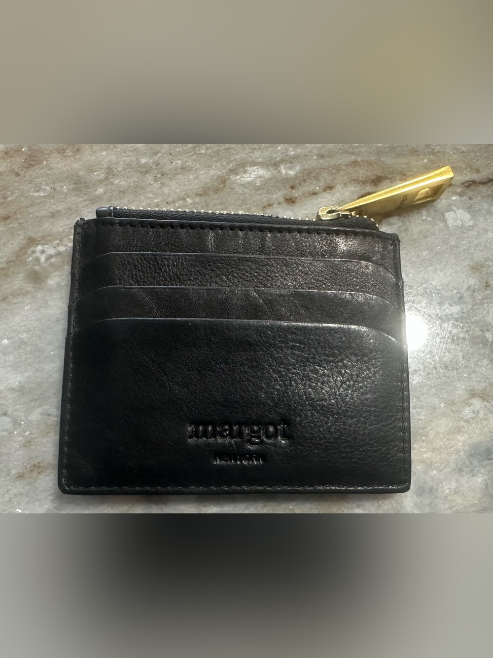 margot Black Leather Zip Card Holder with Gold Zip Pull
